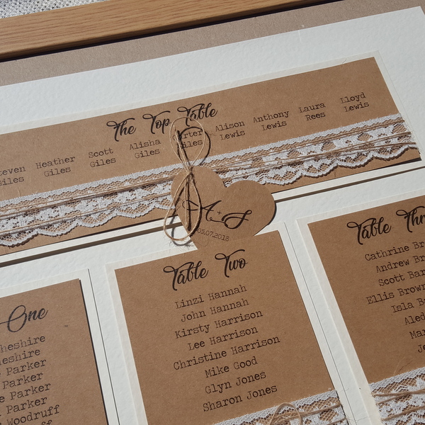 wedding table plan with lace and twine