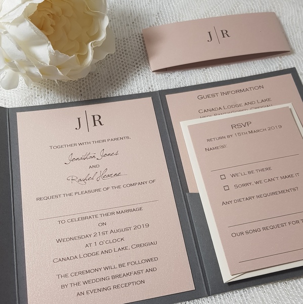 grey and blush elegant modern wedding invitations