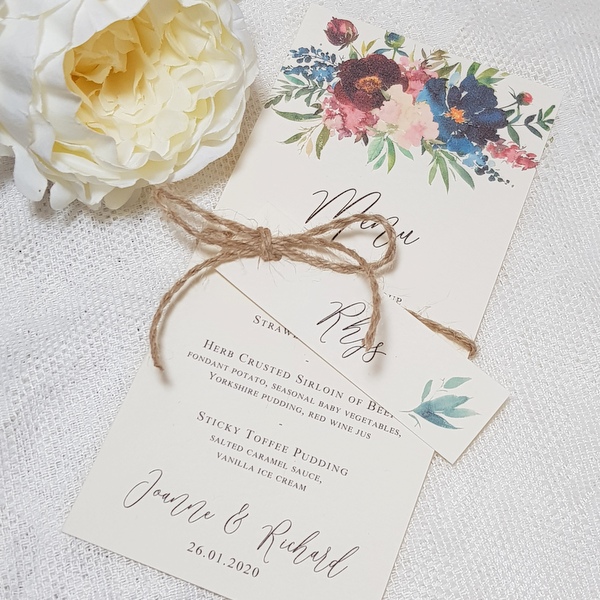 floral handmade wedding menu with rustic twine