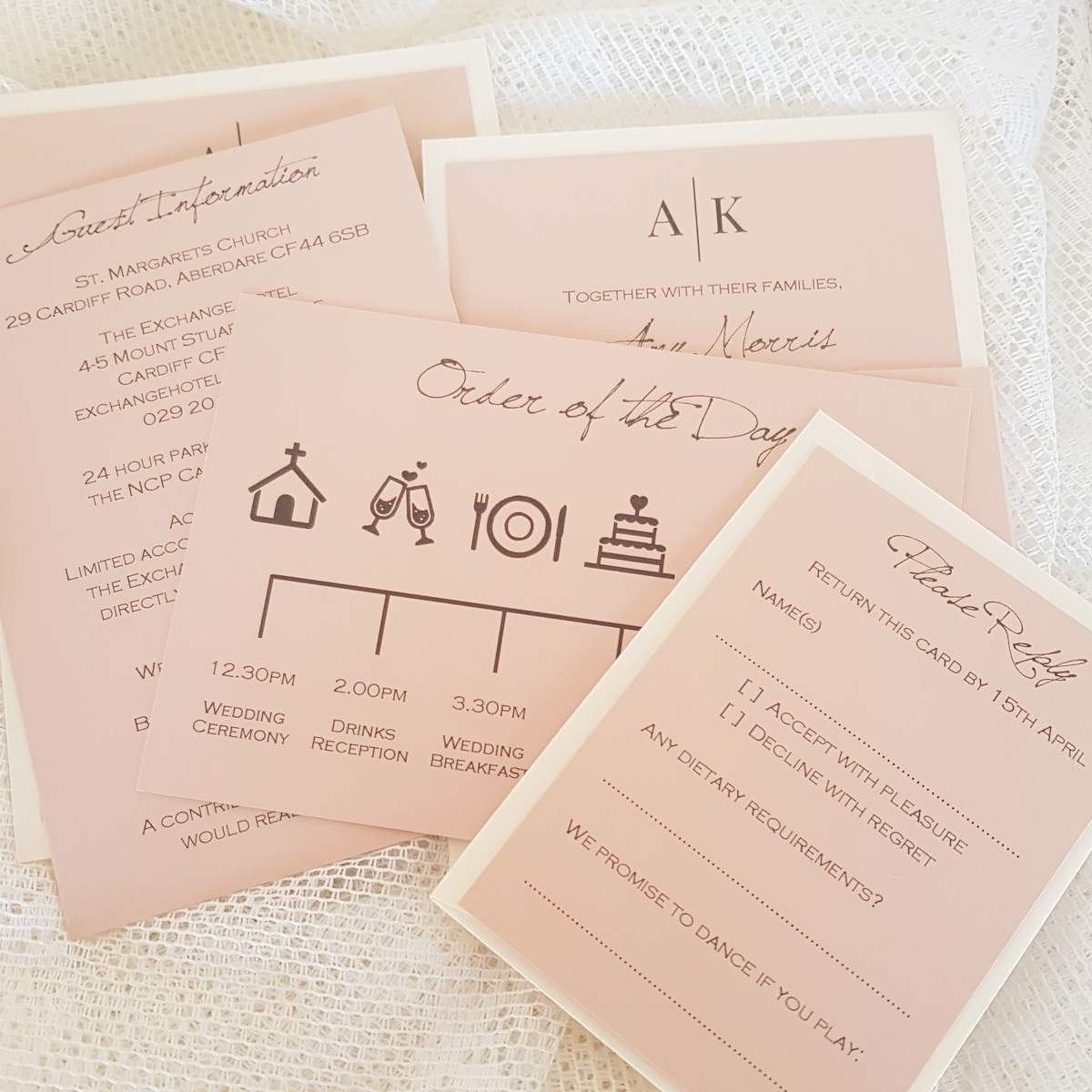 blush wedding invitation with an order of the day timeline
