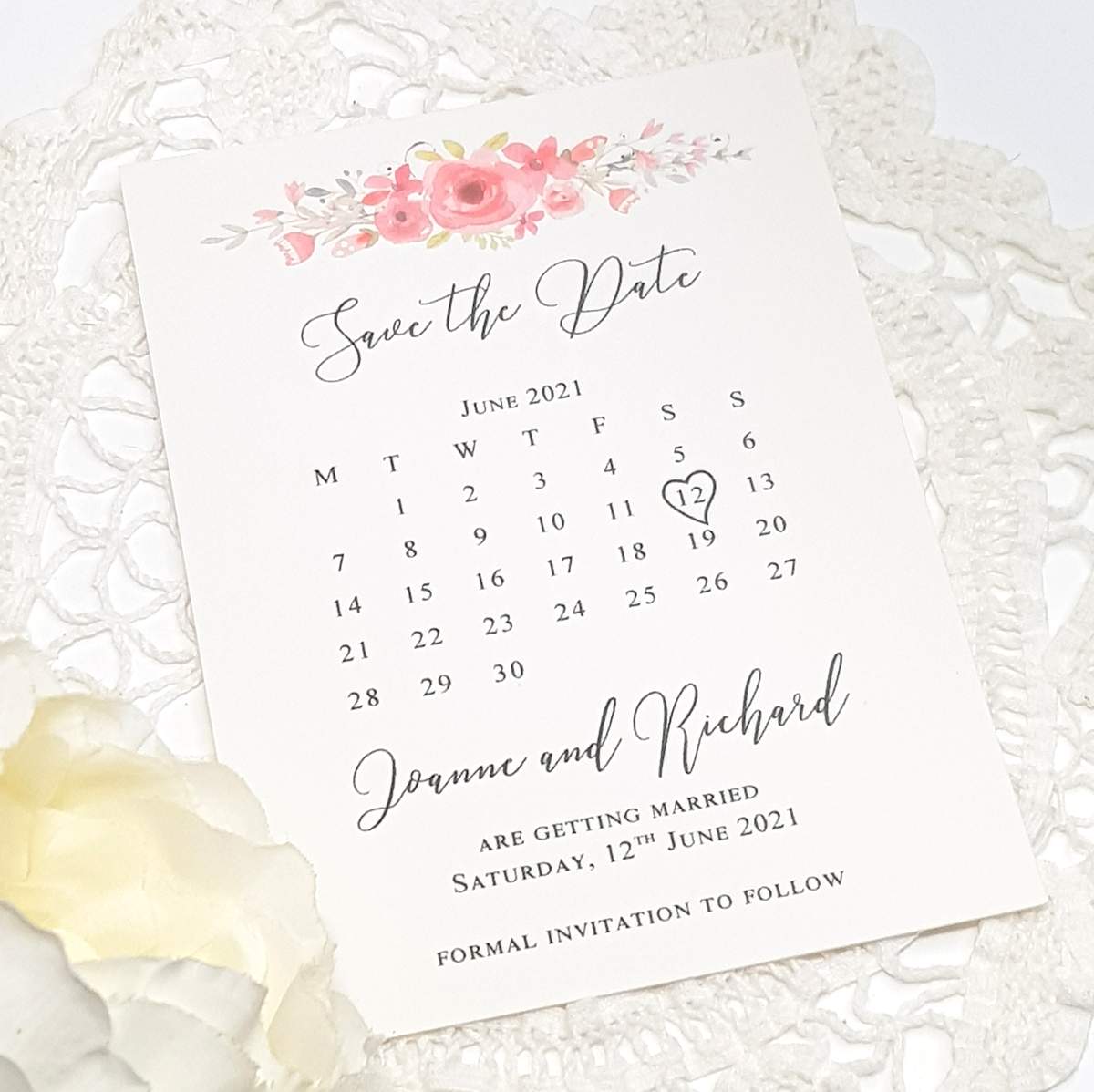 coral floral wedding save the date card