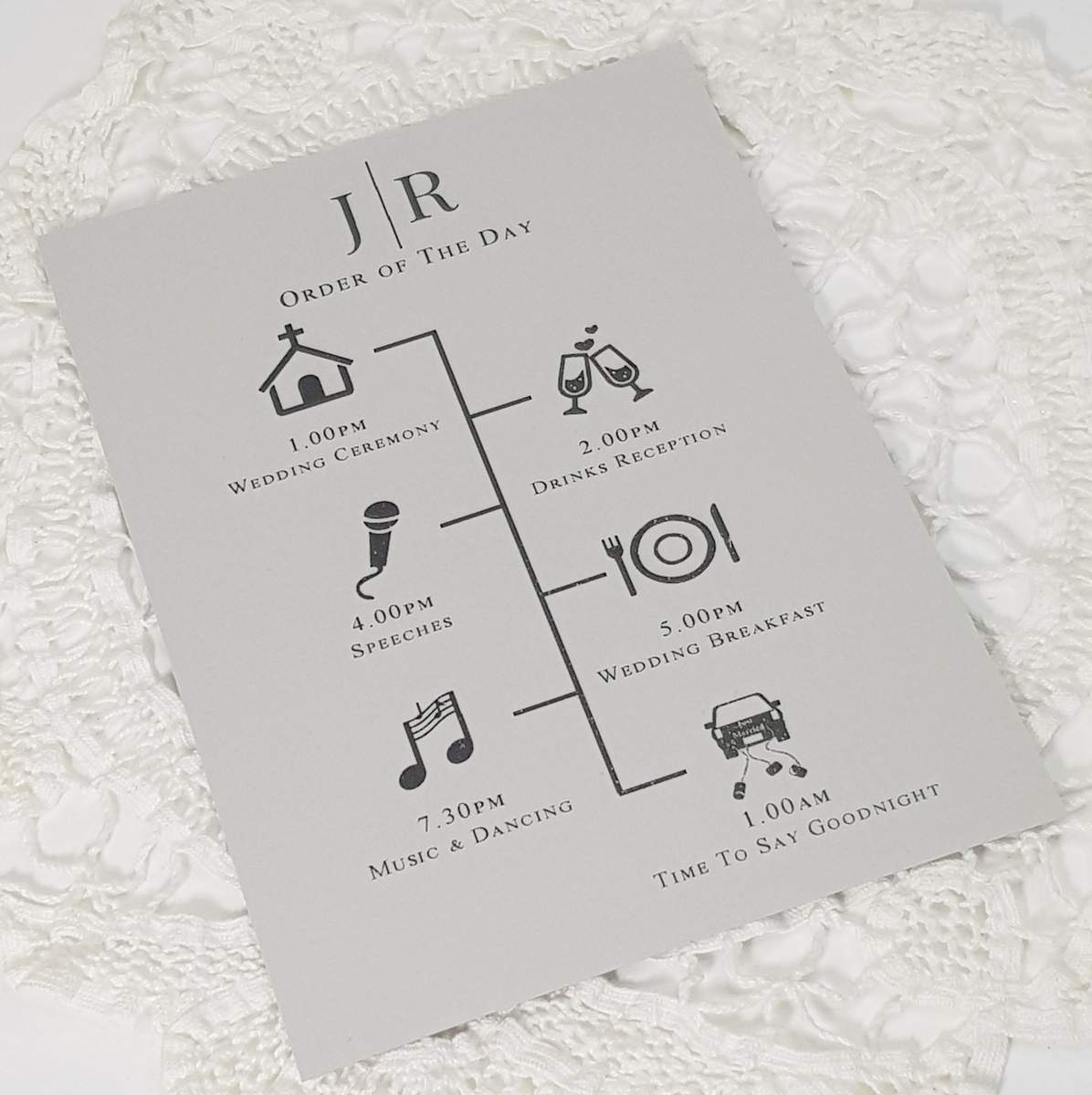 wedding order of the day modern style on grey recycled card