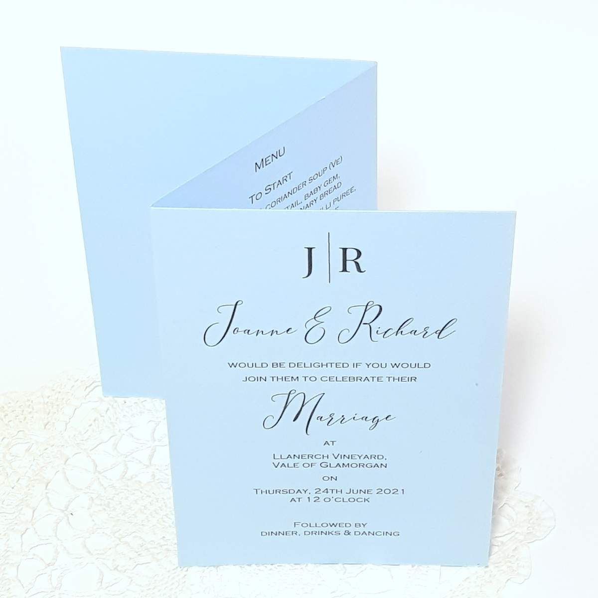 sky blue concertina wedding invitation