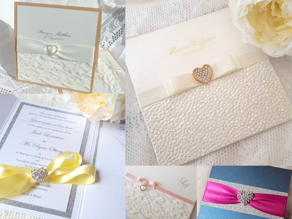 Handmade wedding invitations with heart shaped diamante embellishments