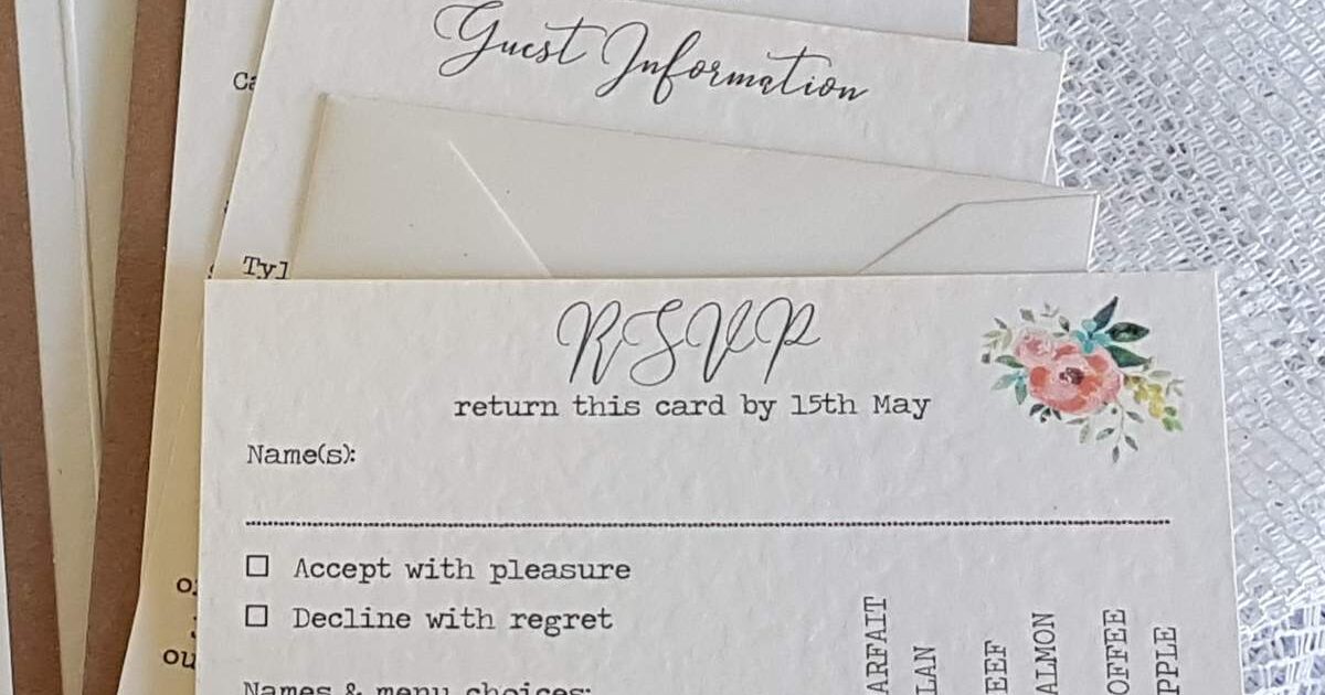 a rustic wedding invitation with extra information and a reply card with menu choices