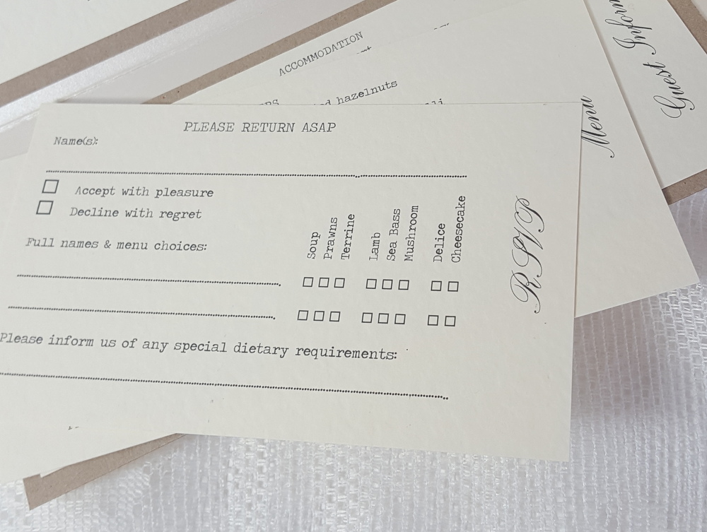 Pocketfold wedding invitation including a wedding rsvp card with menu options