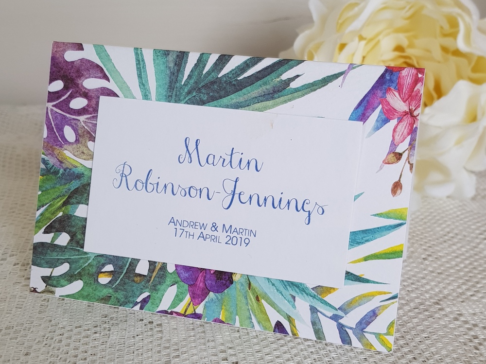 bright tropical wedding place card