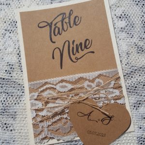 rustic table number with lace and twine