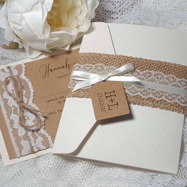 rustic wedding invitations with hessian lace and ribbon
