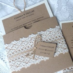 pull out wedding invitation with crochet lace and twine