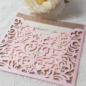 blush and rose gold wallet invitation