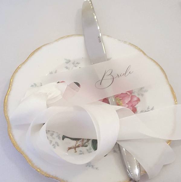 vellum place tag with ivory silk ribbon
