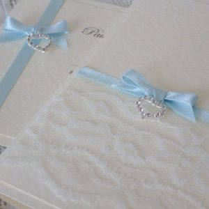 vintage lace wedding invitation with diamante heart