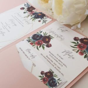 blush and burgundy floral handmade wedding invitation