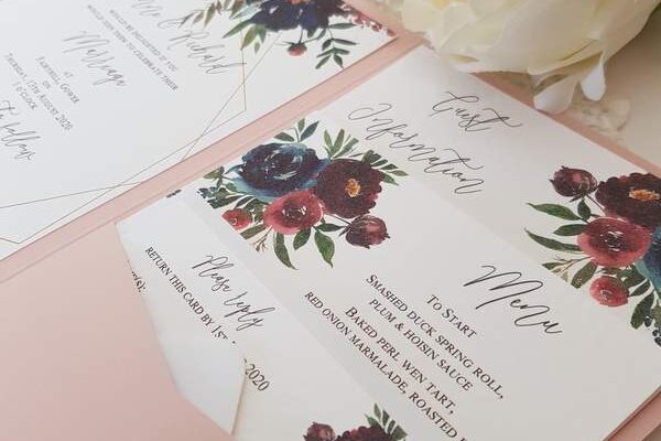 blush and burgundy floral handmade wedding invitation