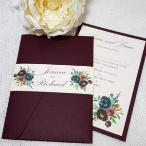 burgundy pocketfold invitation with floral design