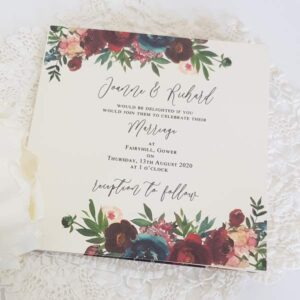 concertina handmade wedding invitation with burgundy flowers