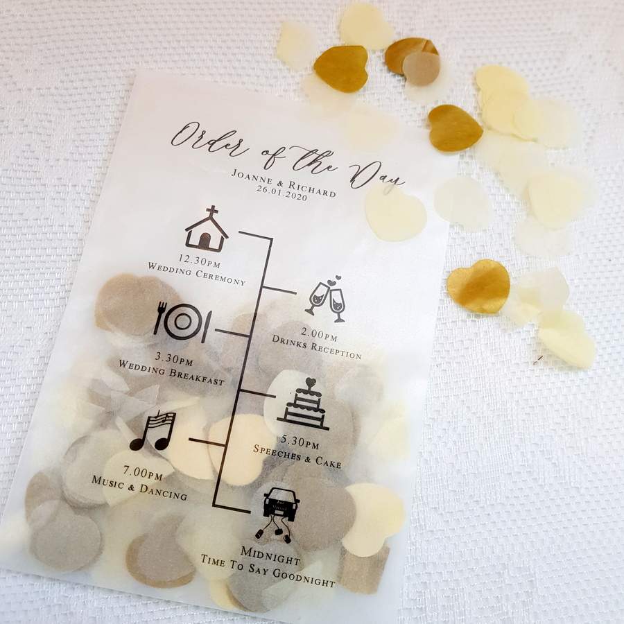 wedding confetti bag with order of the day