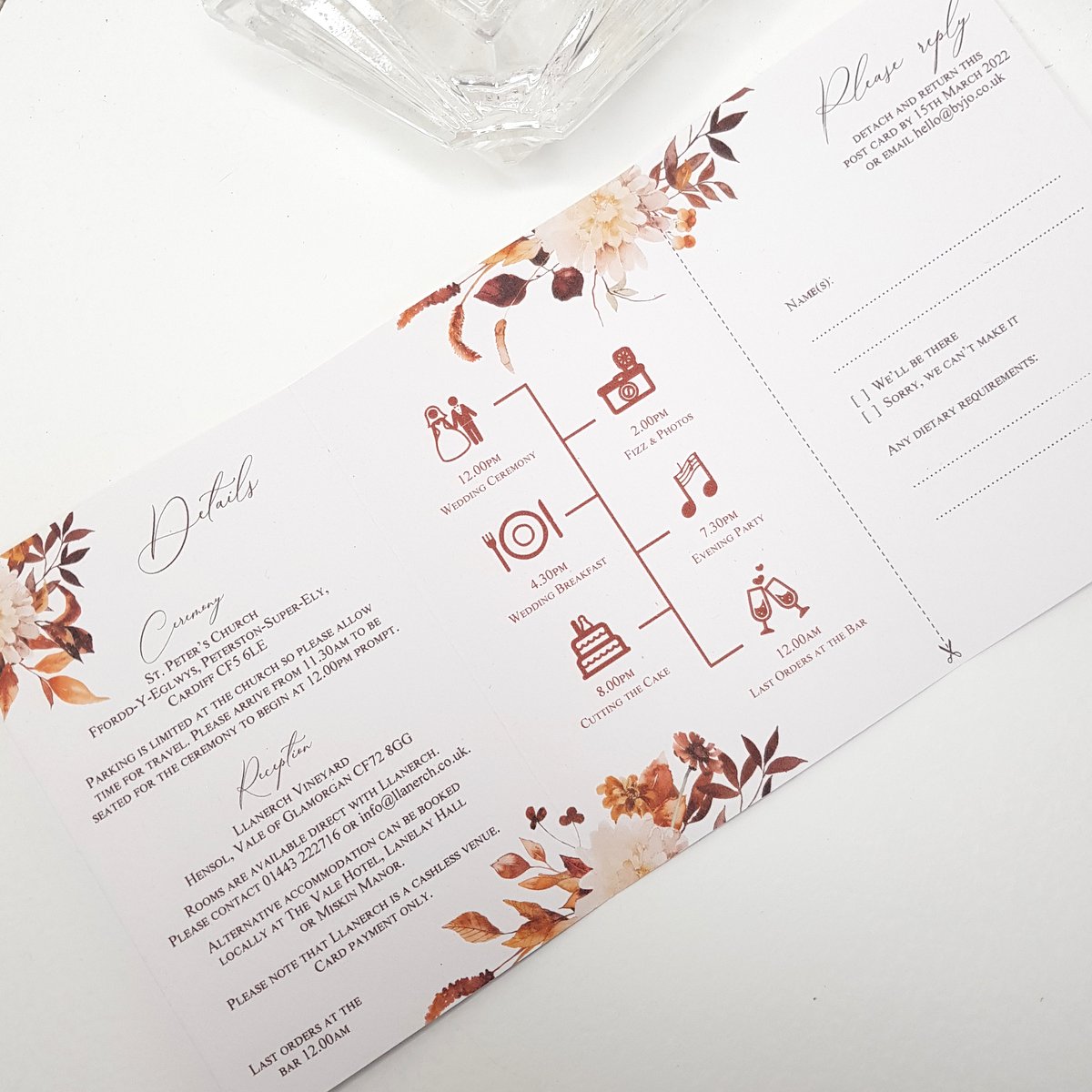 an autumnal design wedding invitation with an order of the day timeline