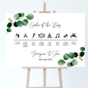 a wedding order of the day timeline with eucalyptus design
