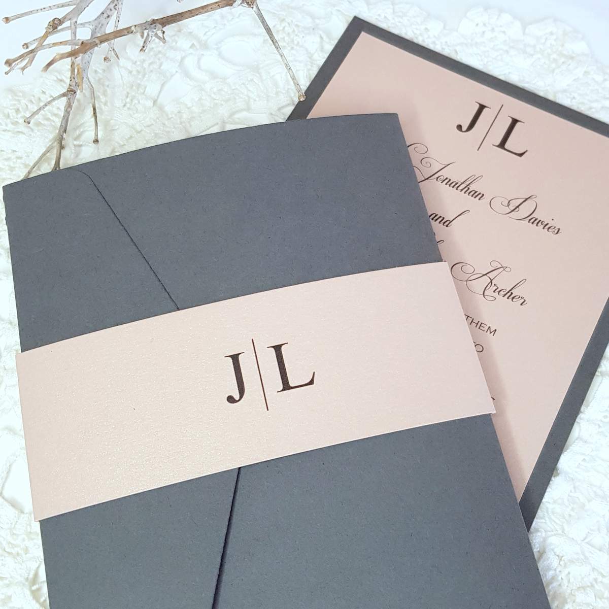 modern wedding invitations with dark grey pockets and blush pink inserts