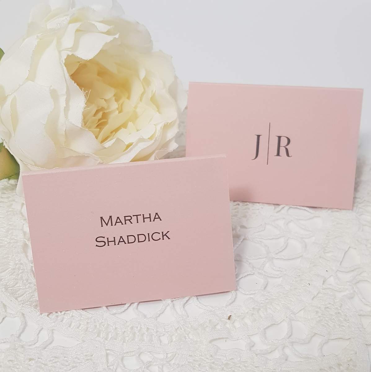 blush pink modern monogram wedding place cards