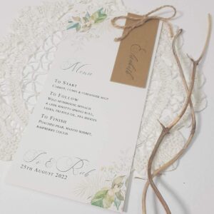 personalised wedding menu with place card attached