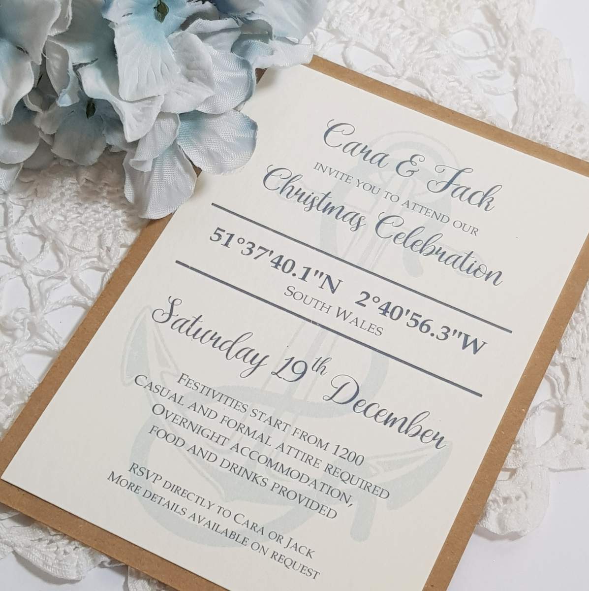 invitation for a surprise wedding in a nautical theme with an anchor design