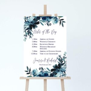 wedding order of the day board with a navy blue floral design