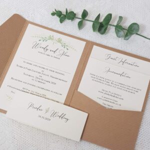 recycled kraft pocketfold wedding invite with a modern greenery design