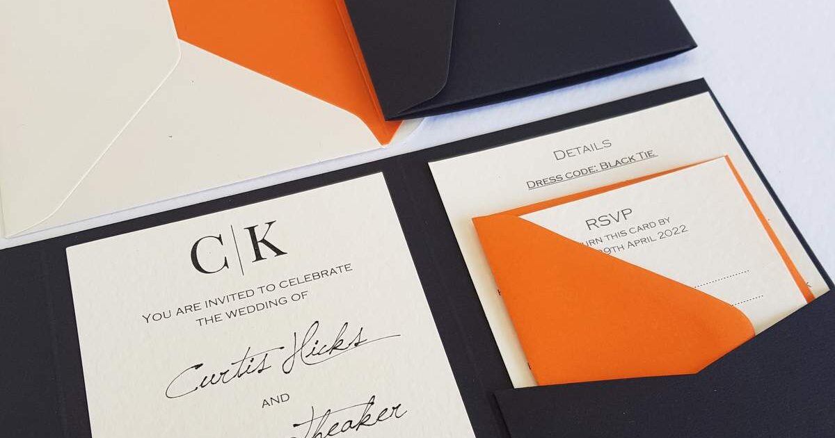 modern wedding invitations in a black, cream and orange colour scheme