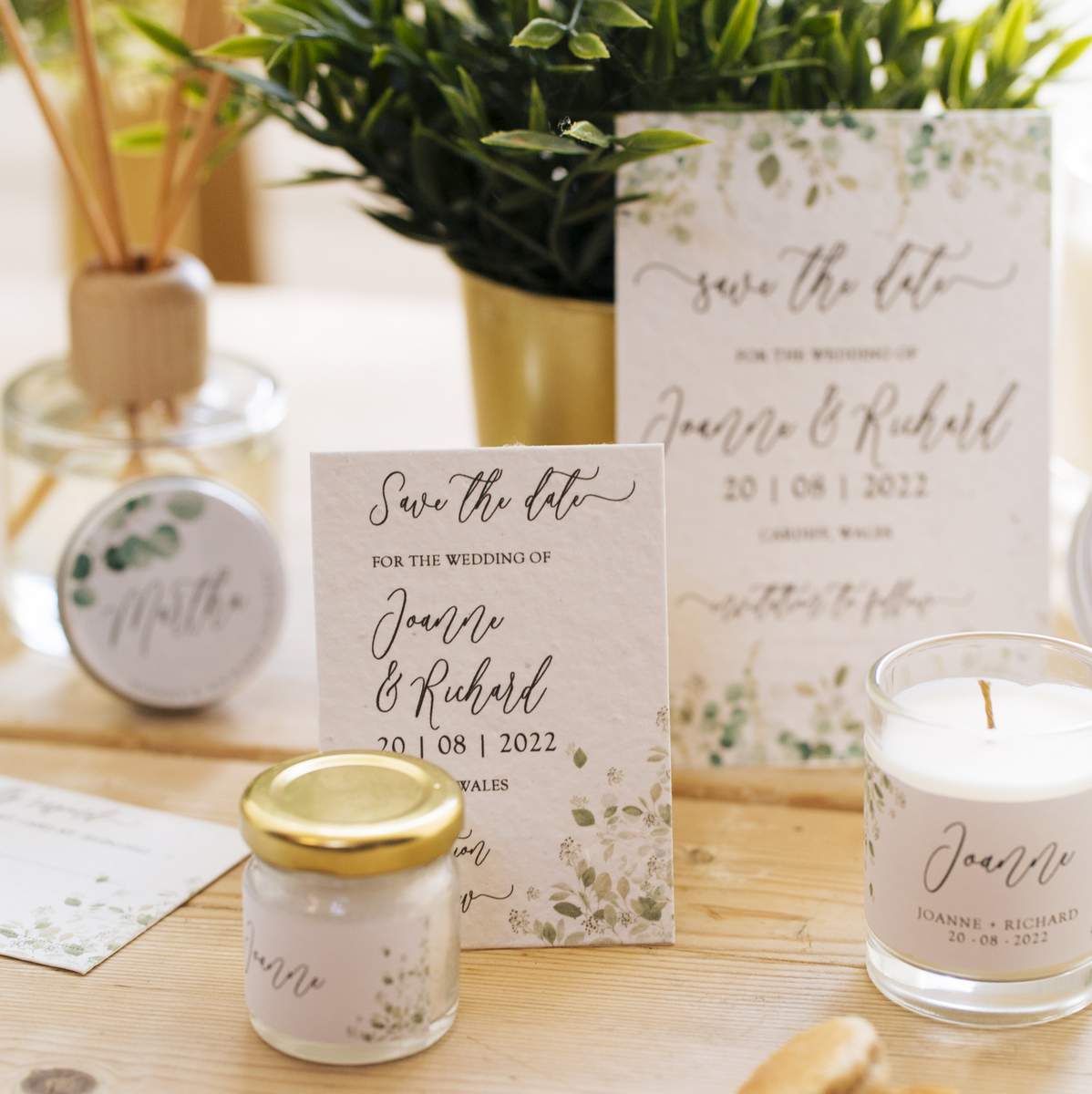 plantable, seed paper zero waste wedding stationery in a botanical greenery design.