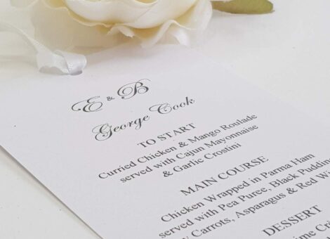elegant white luggage tag style wedding breakfast menu for an intimate cardiff wedding