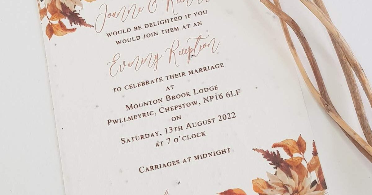 an evening reception wedding invites with an autumnal theme print in browns and oranges