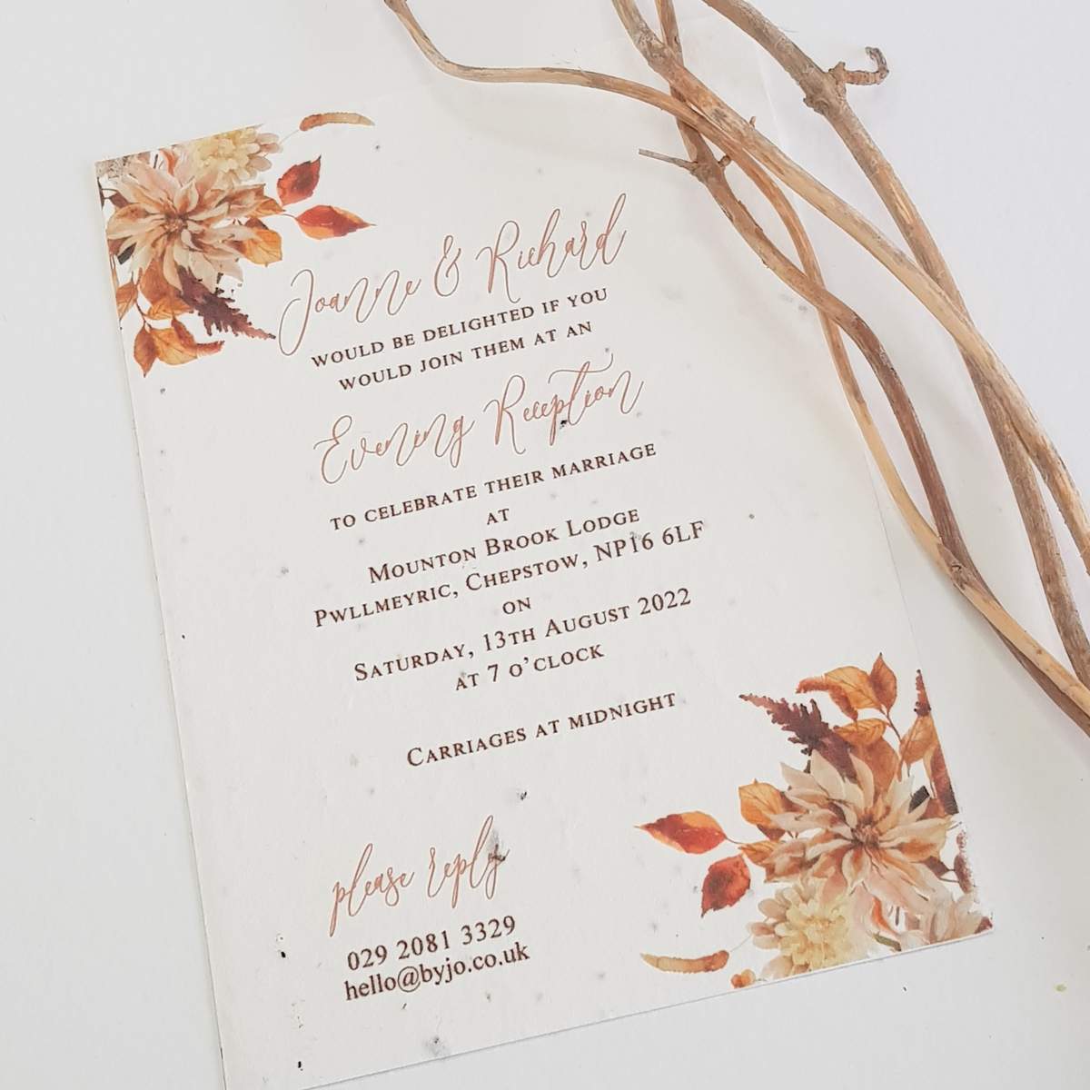 autumn design wedding invitation printed on plantable seed paper