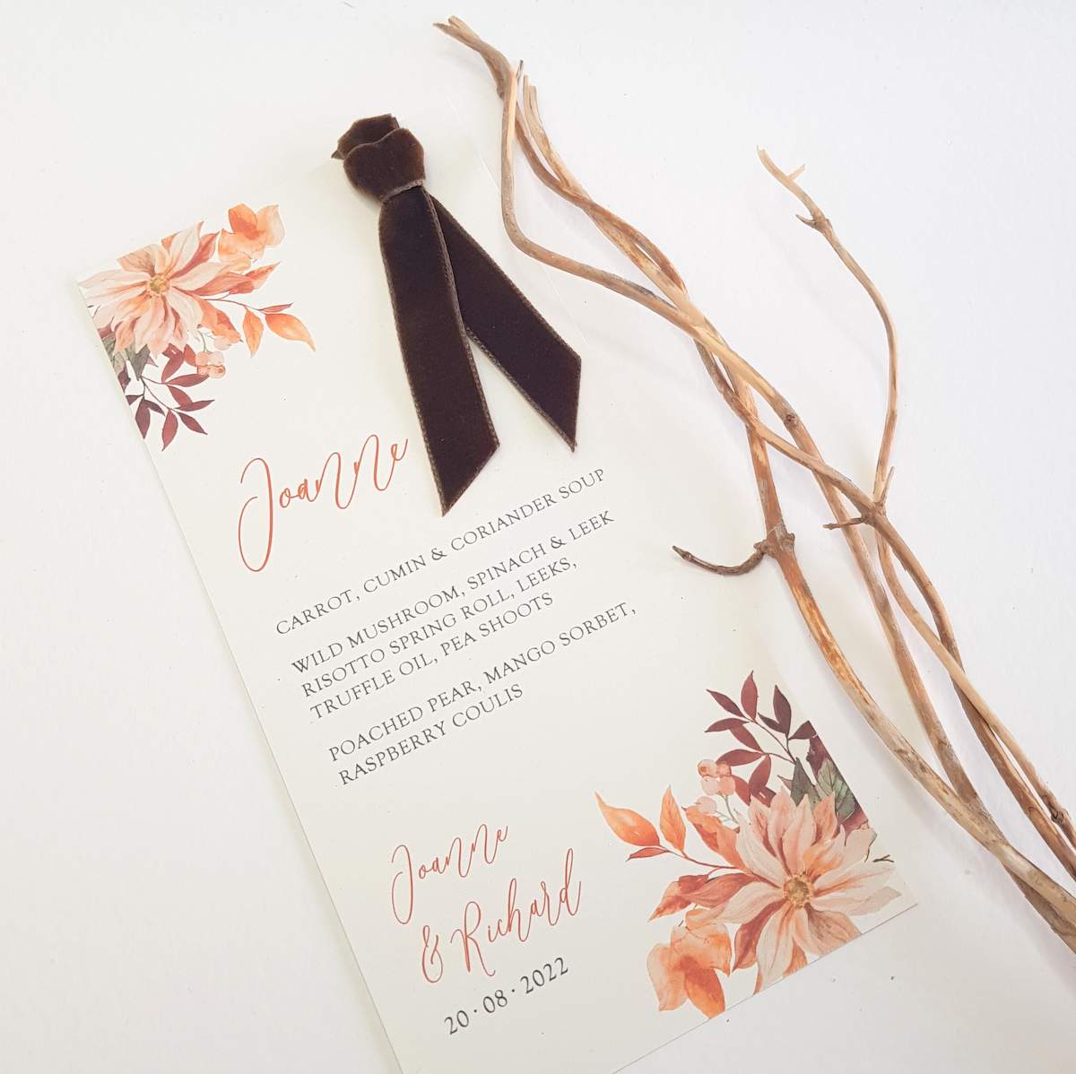 autumnal personlaised wedding menu with brown velvet ribbon accent