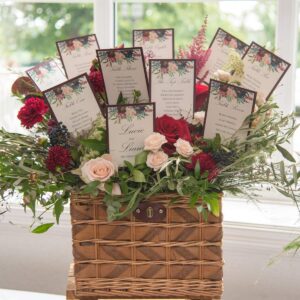 a wedding table plan made with printed cards on sticks, placed in a basket of fresh flowers