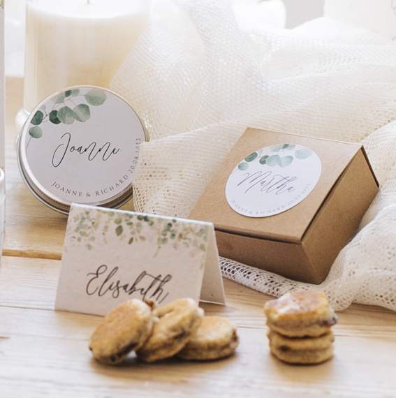 Eco friendly wedding favours and stationery with a greenery design