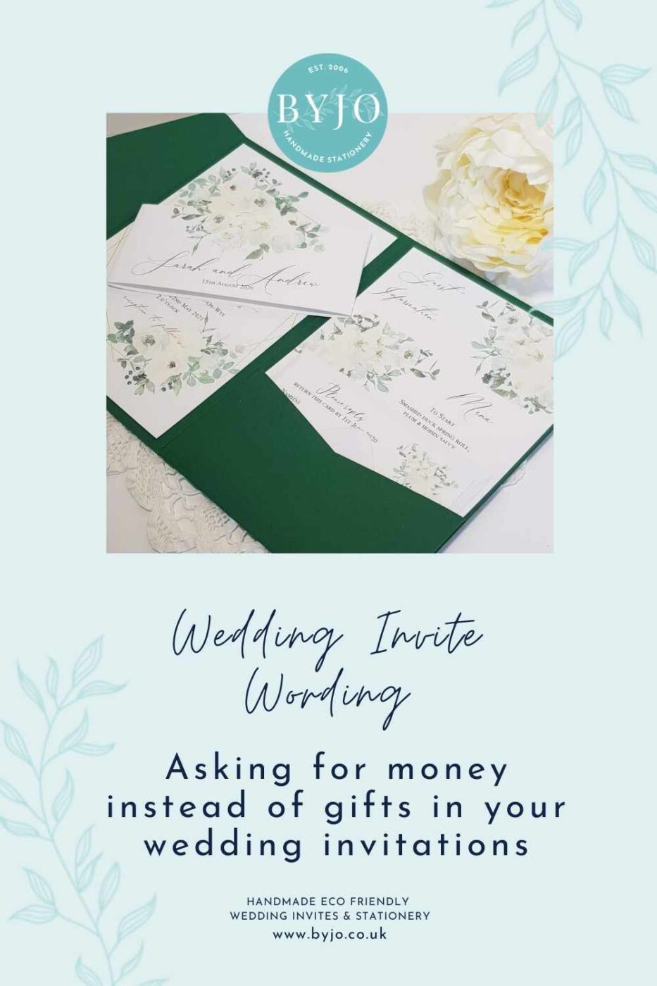 pinterest graphic for asking for money instead of gifts in a wedding invitation