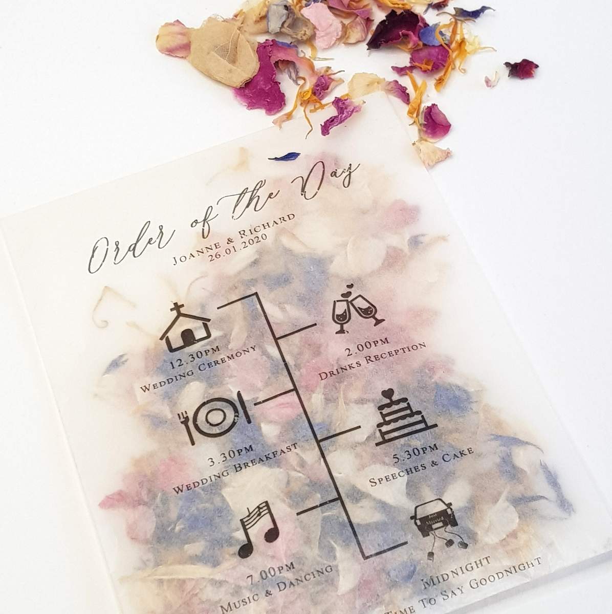 wedding confetti bag printed with an order of the day timeline