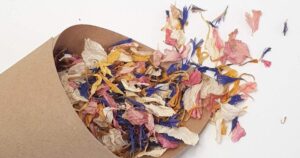 recycled kraft paper wedding confetti cone filled with colourful natural dried flower confetti