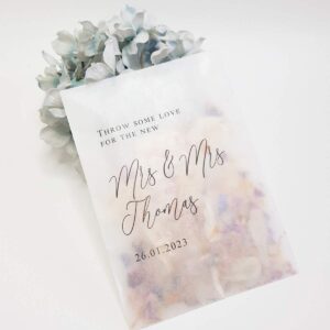 personalised wedding confetti bag filled with dried flower petals