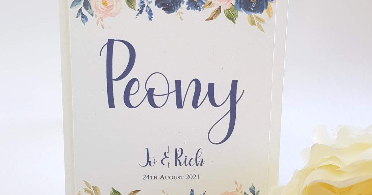 floral wedding table name card with blush pink and navy watercolour style roses design