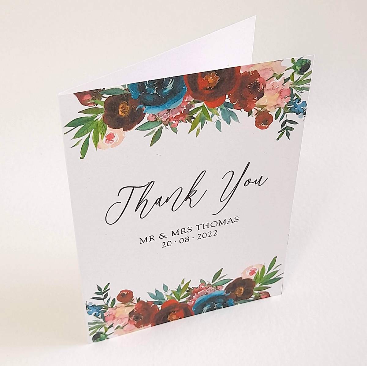 handmade thank you card with burgundy floral design