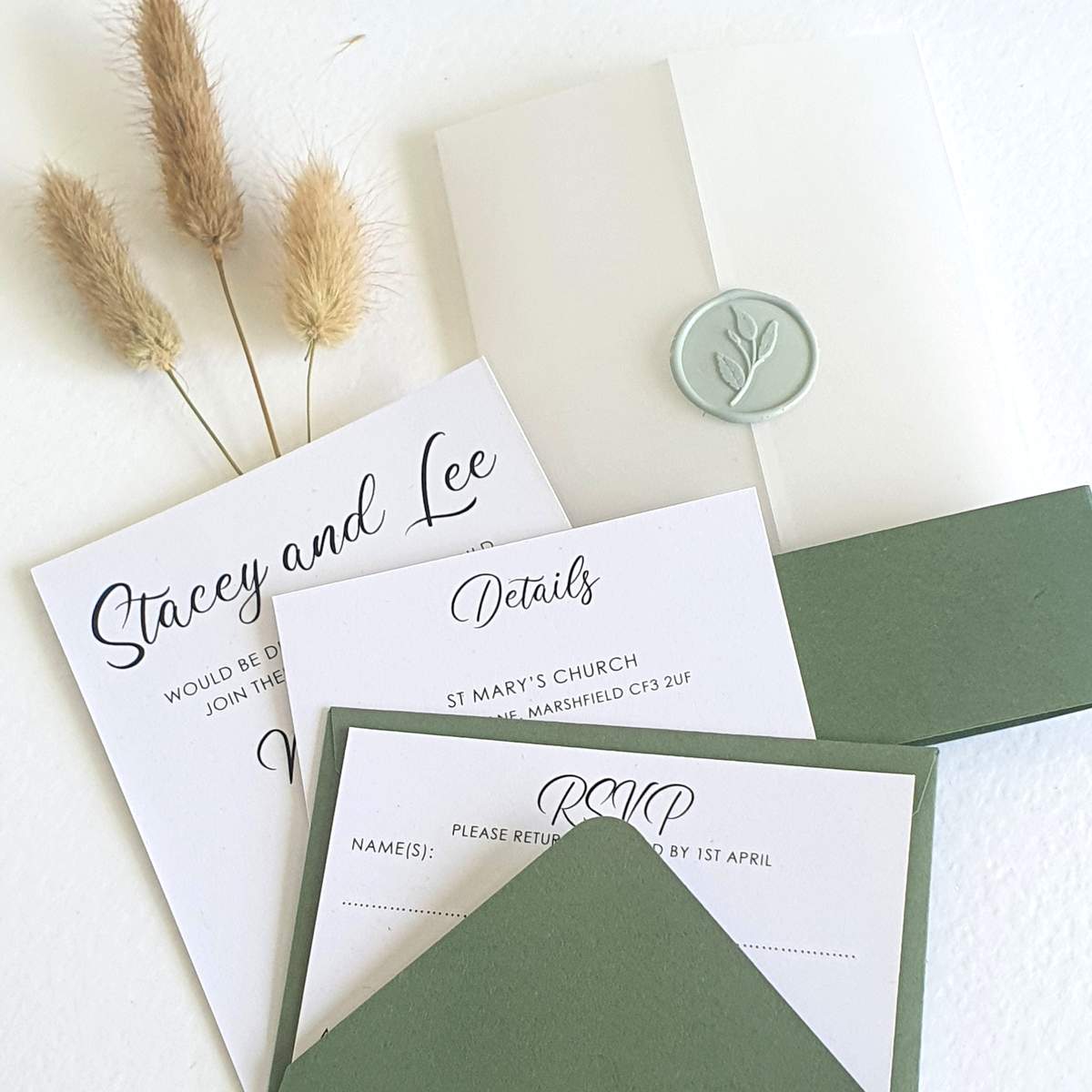 sage green and qhite modern wedding wedding invitation suit with vellum wrap and wax seal