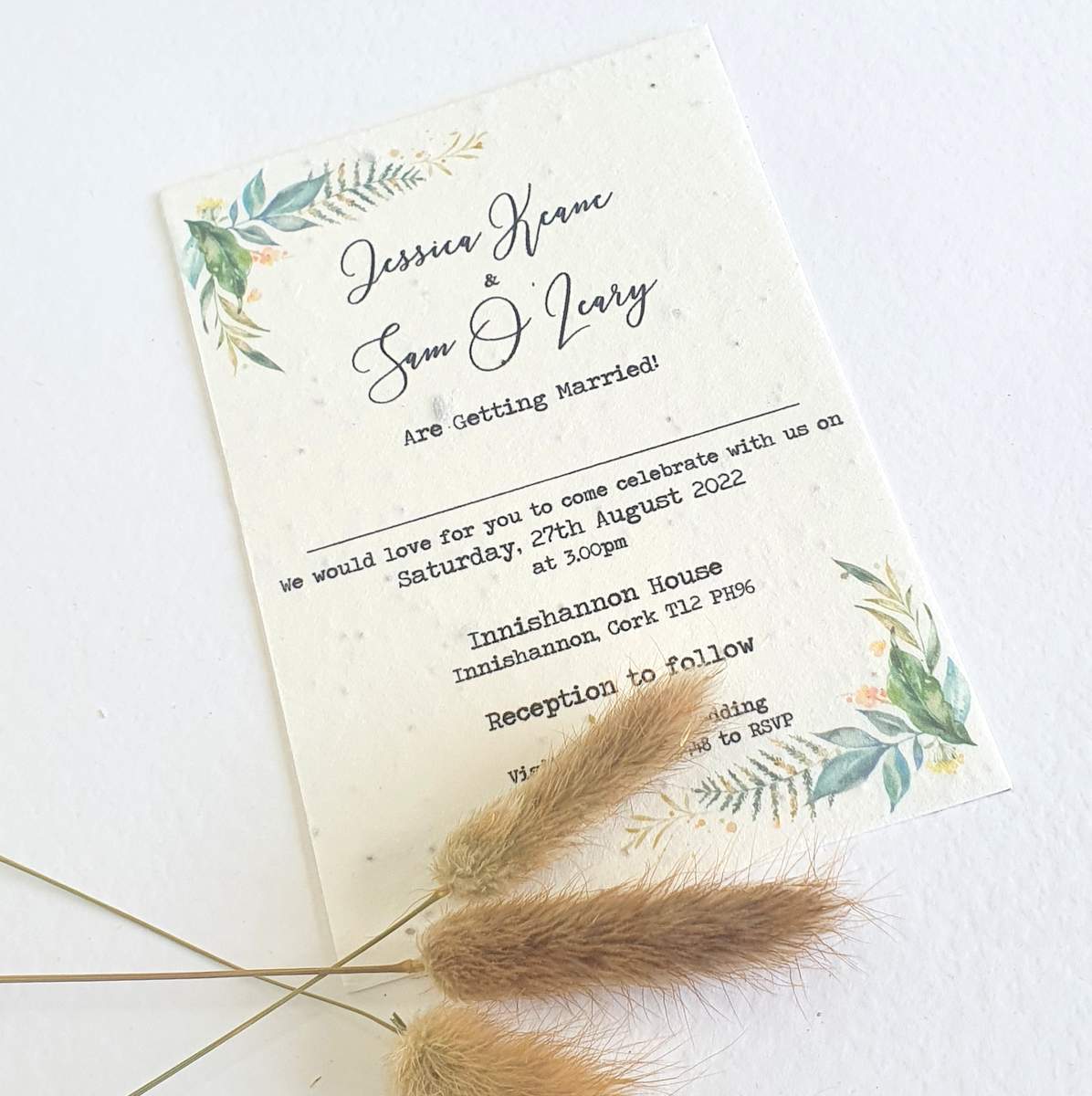 plantable seed paper wedding invitation with a pretty botanical greenery design