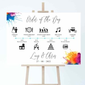 a colourful wedding order of the day timeline