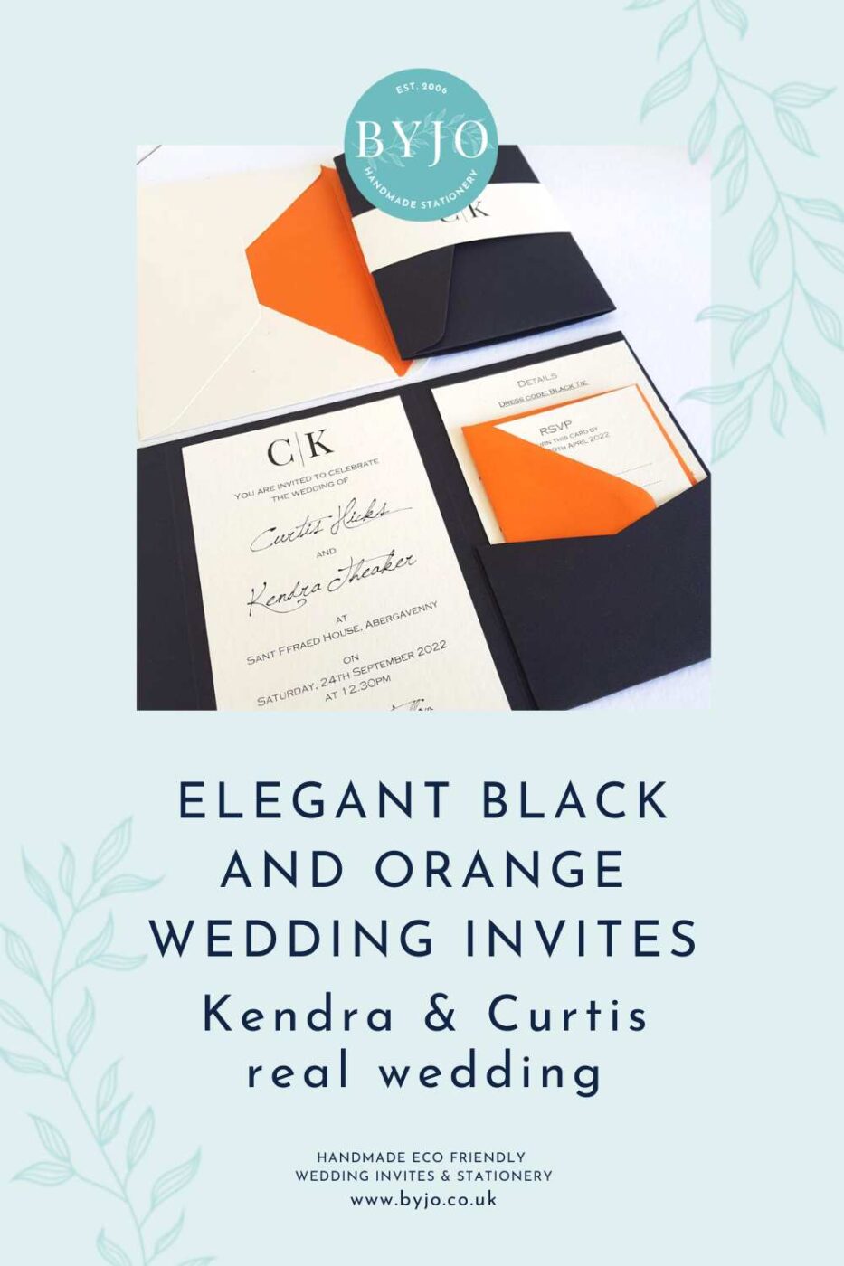 a graphic for pinterest with text that reads elegant black and orange wedding invites Kendra and Curtis real wedding