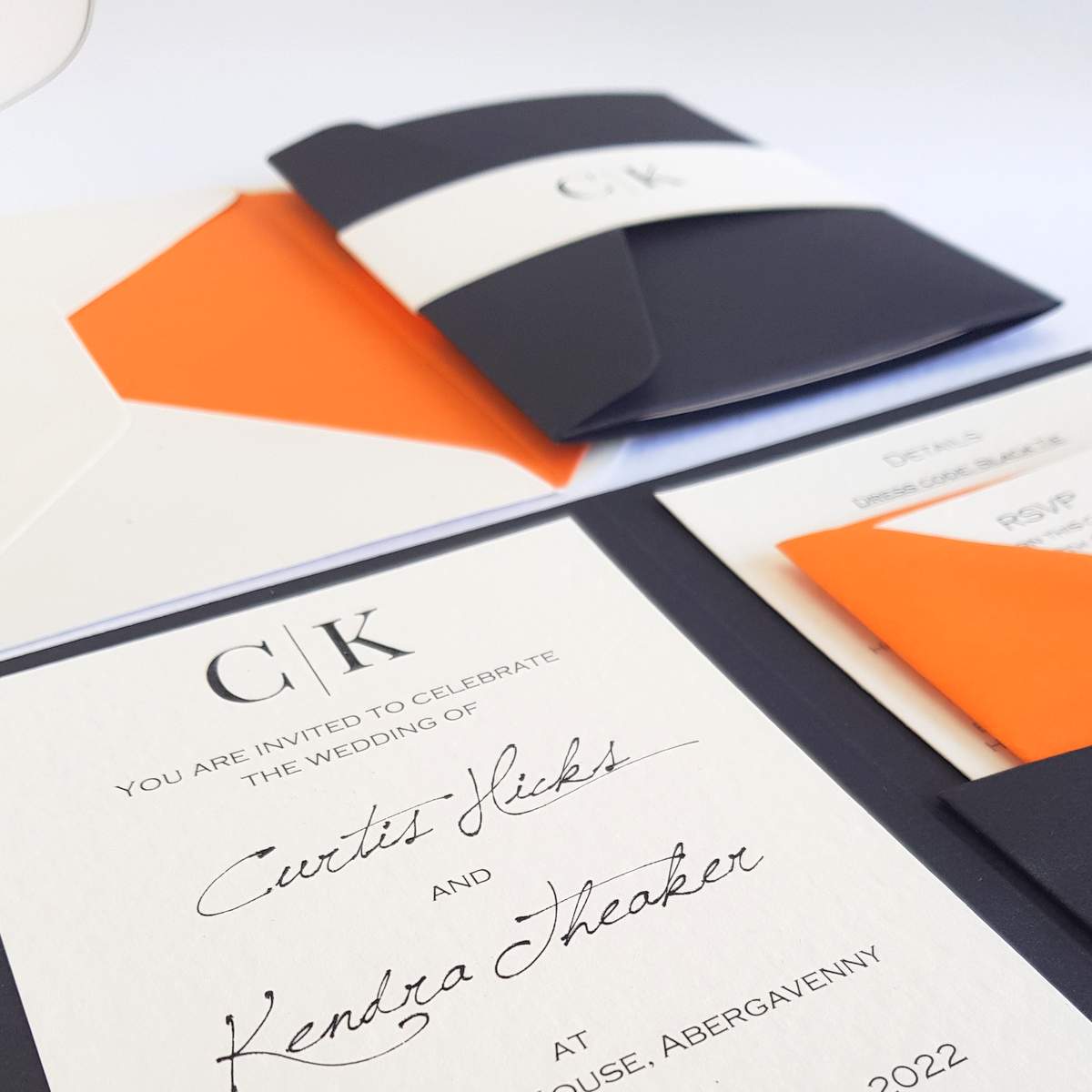 elegant modern black and orange wedding invitations