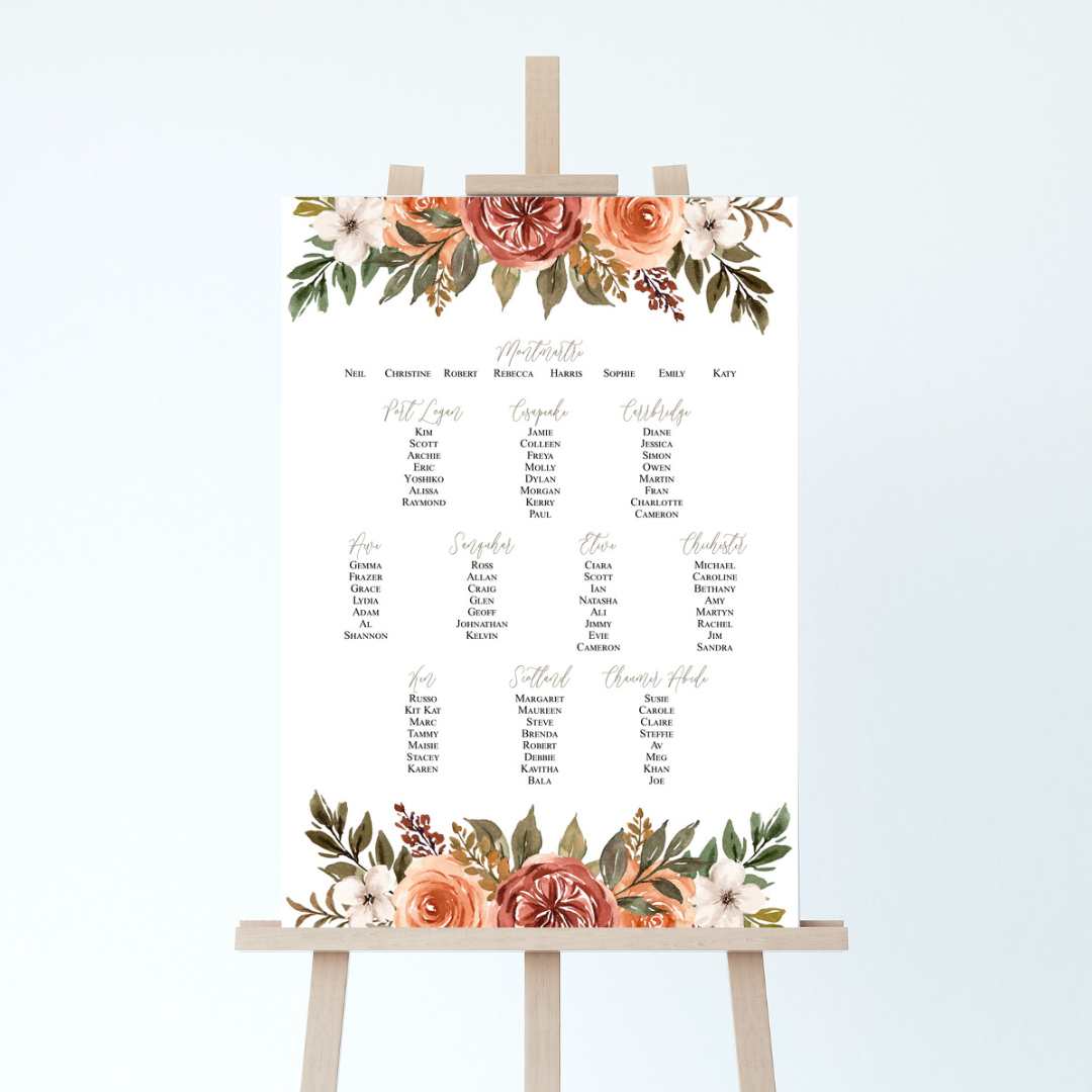 a wedding table seating plan on an easel with a floral autumnal design top and bottom